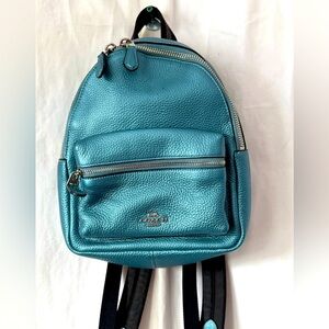 Auth COACH Mini Charlie Backpack in Pebble Leather Metallic Light Blue With COA